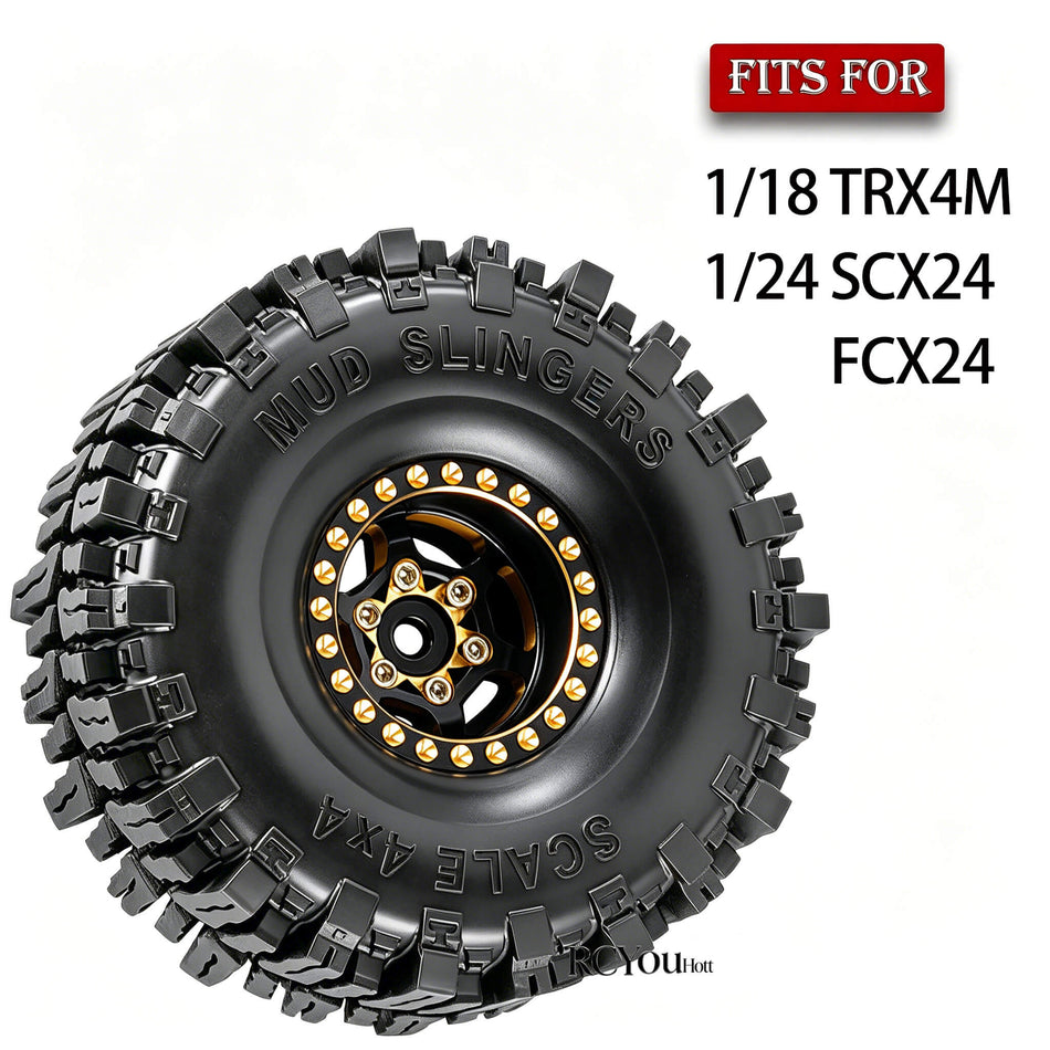 RC Full Brass 1.0 Beadlock Wheel Rims&Wheels Tires for 1/18 1/24 Axial SCX24 Traxxas Trx4m FMS FCX24 RC Crawler Car,