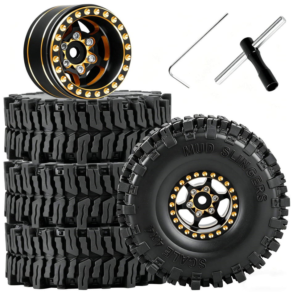 RC Full Brass 1.0 Beadlock Wheel Rims&Wheels Tires for 1/18 1/24 Axial SCX24 Traxxas Trx4m FMS FCX24 RC Crawler Car,