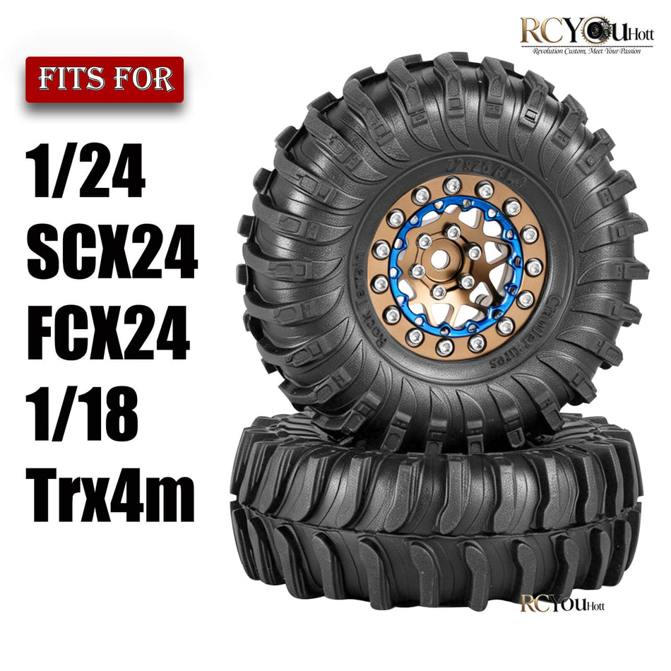 RC Aluminum 1.3" Beadlock Wheel Tires Set w/Wheels Ring for Traxxas Axial Fms 1/18 1/24 Trx4m SCX24 FCX24 RC Crawler Car