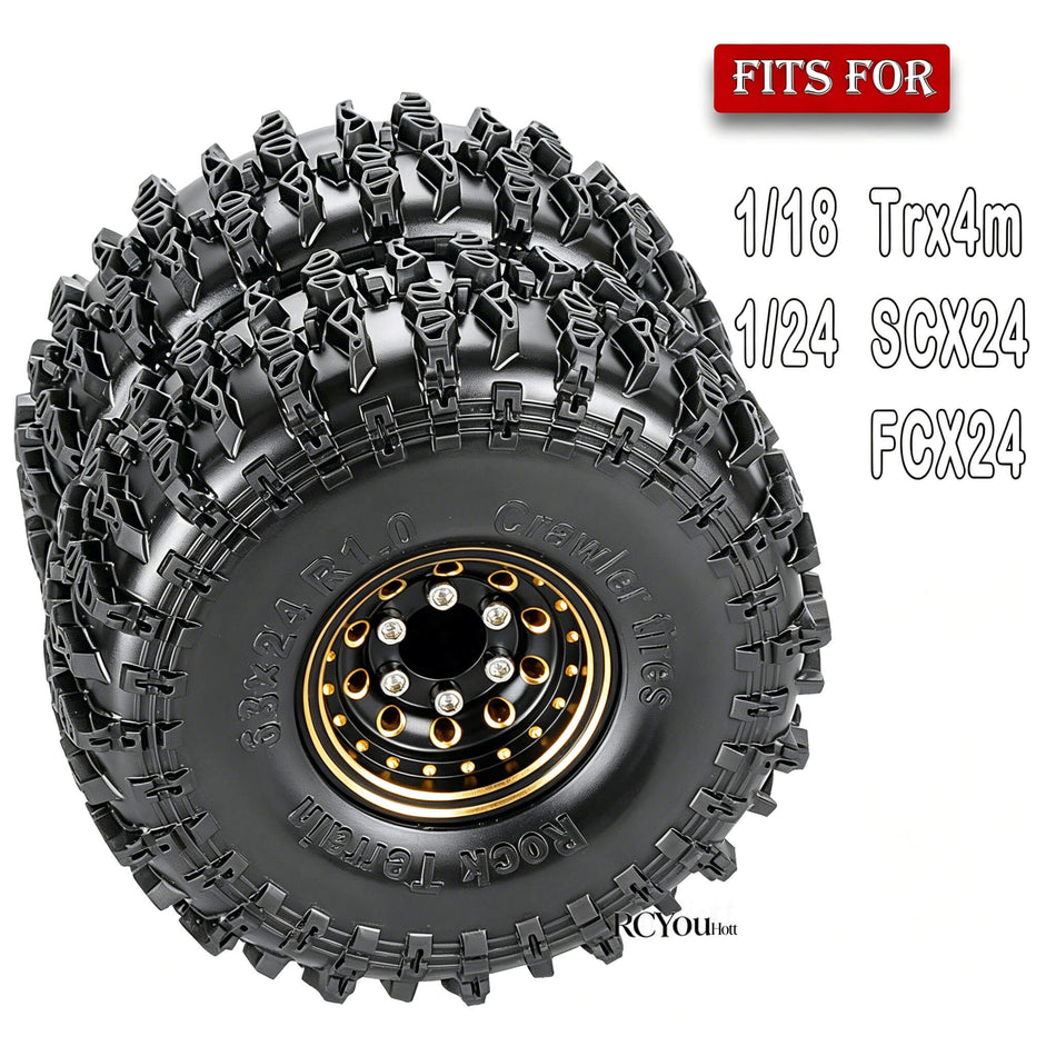 RCMYou RC Full Brass 1.0" Beadlock Wheels and Tires for 1/18 Traxxas Trx4m 1/24 Axial SCX24 RC Crawler Car,