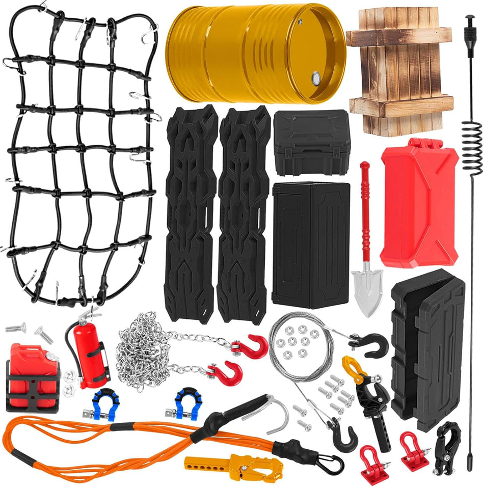 RC Decoration for 1/10 Traxxas Trx4 Trx6 Axial SCX10 Redcat GEN 7 8 Crawler Car,Luggage Net,Recovery Board,Fuel Tanks,Toolbox,Wood Box,Trailer Hook,Trailer Chain,Simulation Decorative Package