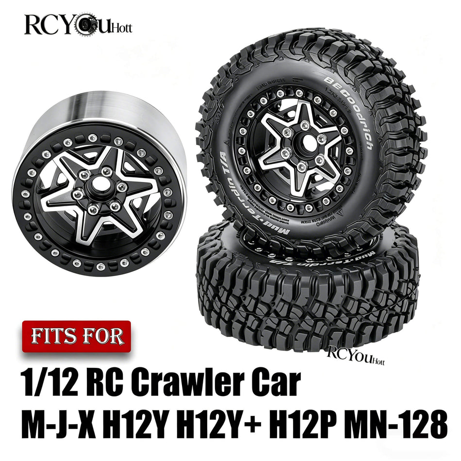 RC 1.9" Beadlock Wheels and Tires Set for 1/12 MJX H12Y H12Y+ H12P MN-128 RC Crawler,Wheels Tire OD 90MM/3.54"