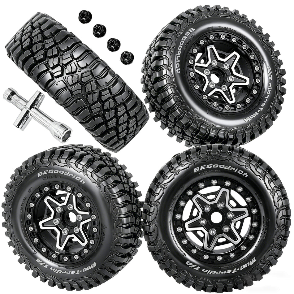 RC 1.9" Beadlock Wheels and Tires Set for 1/12 MJX H12Y H12Y+ H12P MN-128 RC Crawler,Wheels Tire OD 90MM/3.54"