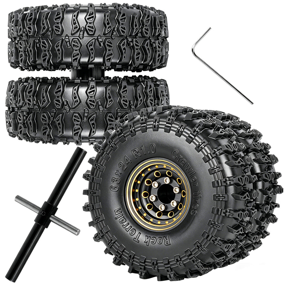 RCMYou RC Full Brass 1.0" Beadlock Wheels and Tires for 1/18 Traxxas Trx4m 1/24 Axial SCX24 RC Crawler Car,